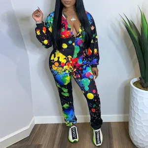 Print Long Sleeve Hoodie Top & Pants Set