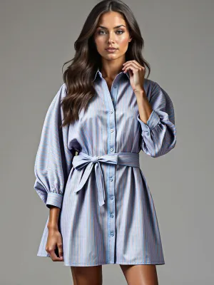 Puff Sleeve Stripe Shirt Mini Dress