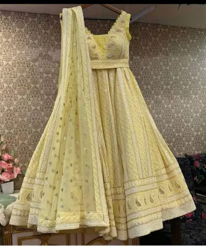 Pure Georgette Chikankari Lehenga with Mukaish Work