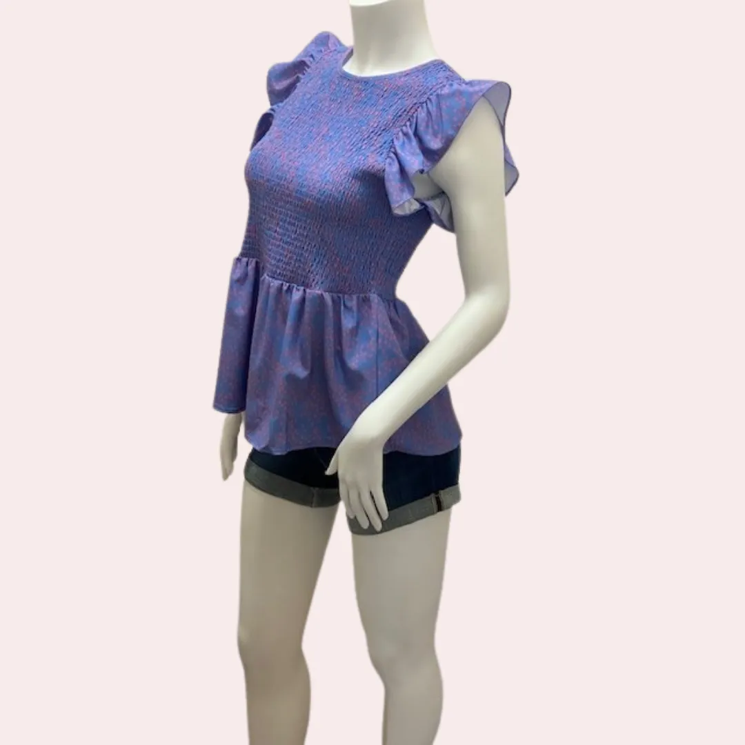 Purple & pink smocked ruffle sleeve top