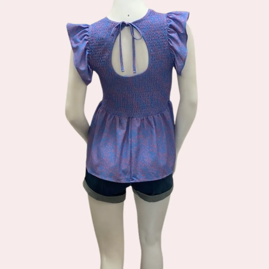 Purple & pink smocked ruffle sleeve top