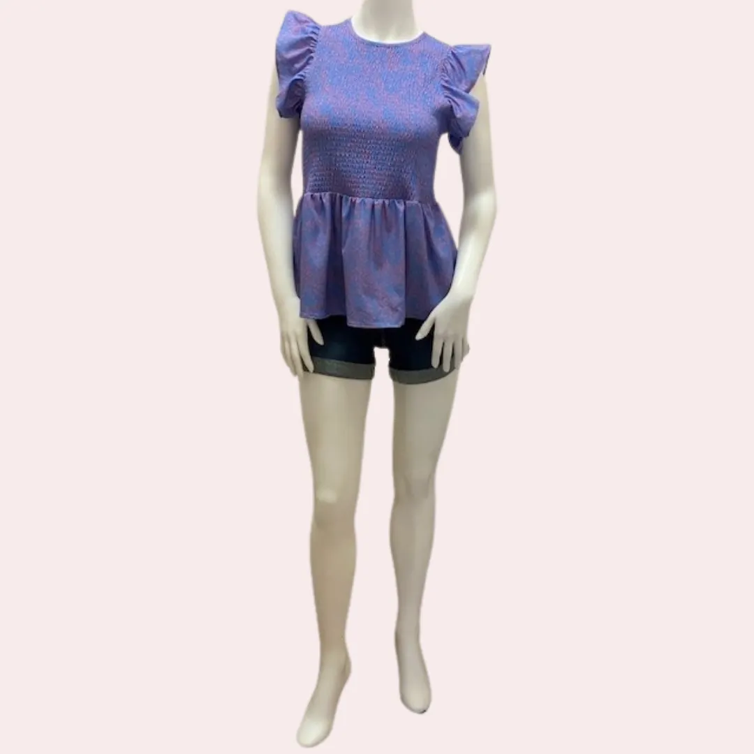 Purple & pink smocked ruffle sleeve top