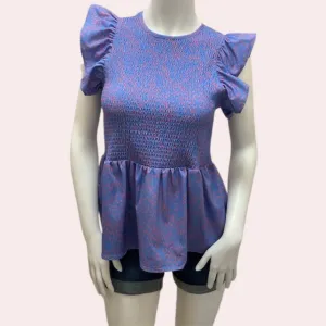 Purple & pink smocked ruffle sleeve top