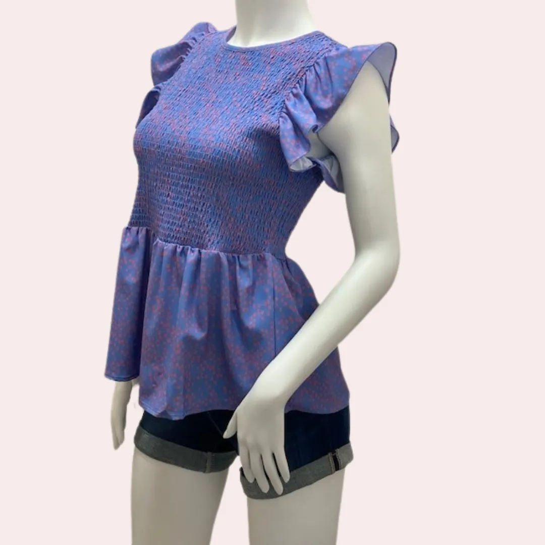 Purple & pink smocked ruffle sleeve top