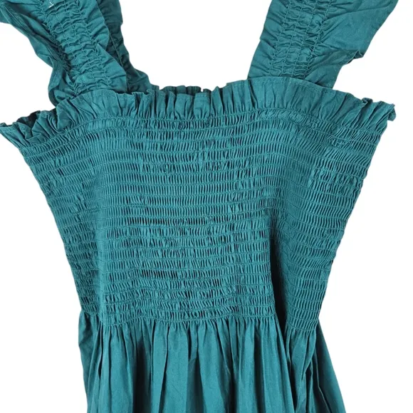 Quince 100% Organic Cotton Smocked Hunter Green Midi Dress