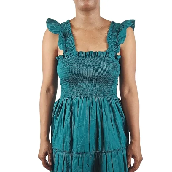 Quince 100% Organic Cotton Smocked Hunter Green Midi Dress