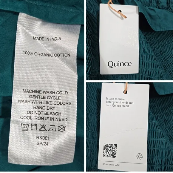Quince 100% Organic Cotton Smocked Hunter Green Midi Dress