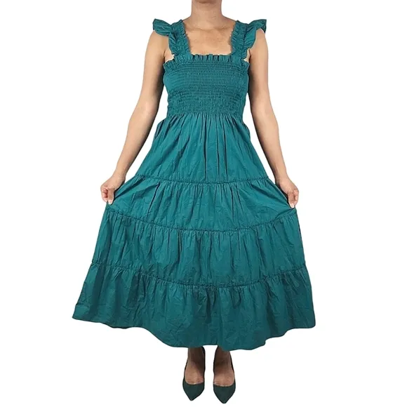 Quince 100% Organic Cotton Smocked Hunter Green Midi Dress
