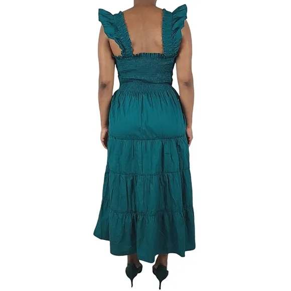Quince 100% Organic Cotton Smocked Hunter Green Midi Dress