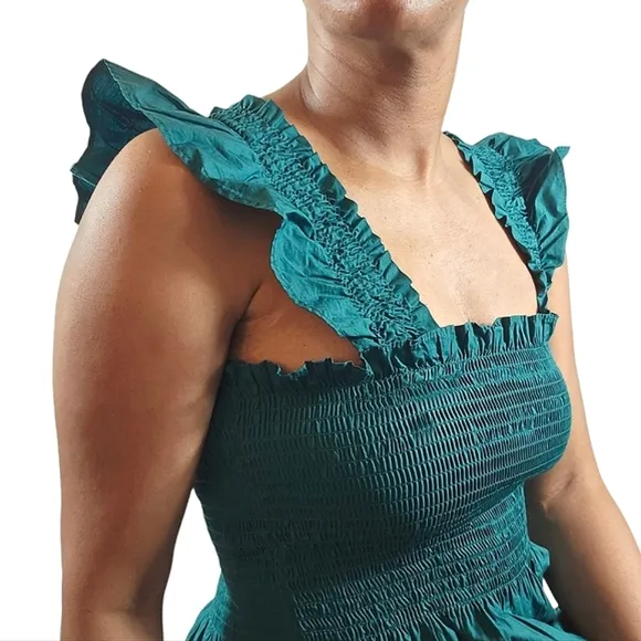 Quince 100% Organic Cotton Smocked Hunter Green Midi Dress