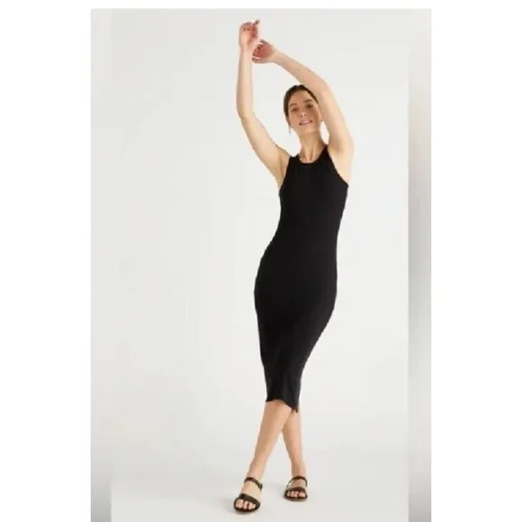 Quince Women’s Black Tencel Rib Knit Midi Dress sz S NWT Sleeveless Mid-Length