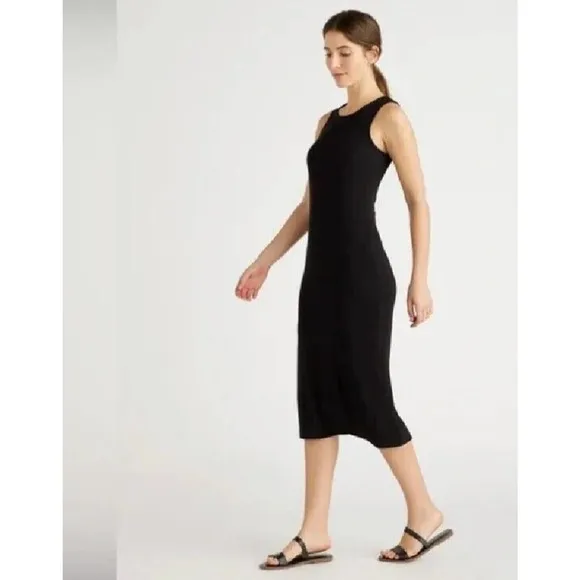 Quince Women’s Black Tencel Rib Knit Midi Dress sz S NWT Sleeveless Mid-Length