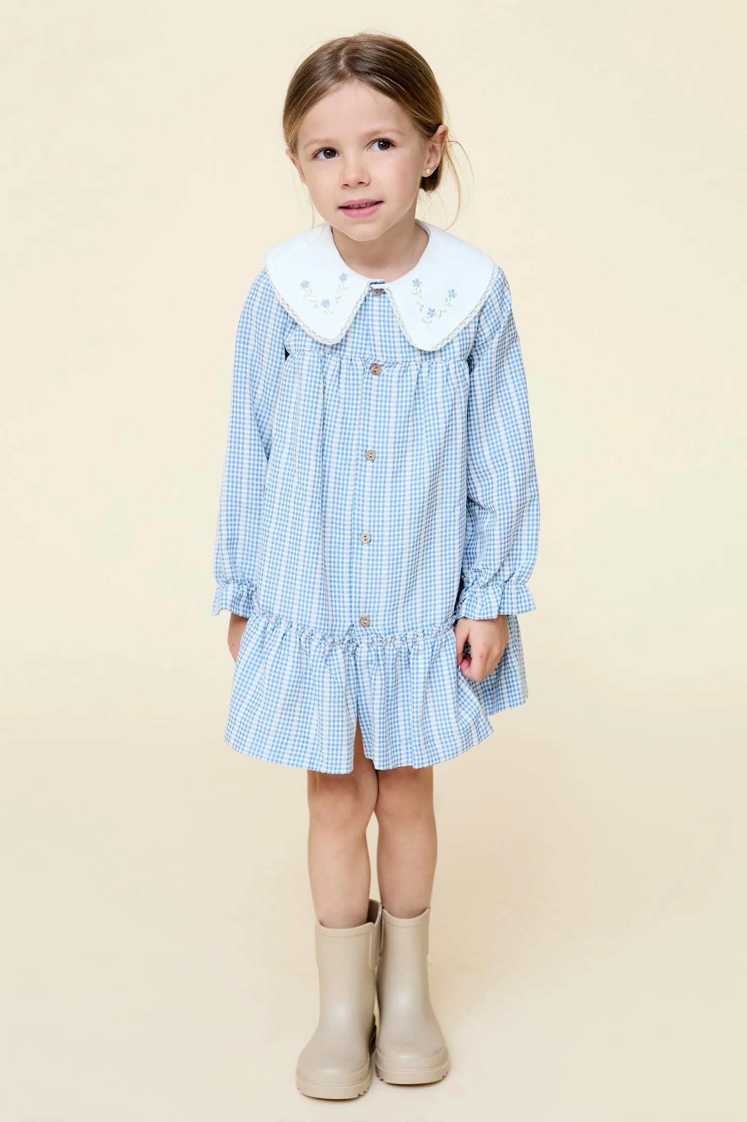 "Ada" Blue Check Embroidered Dress