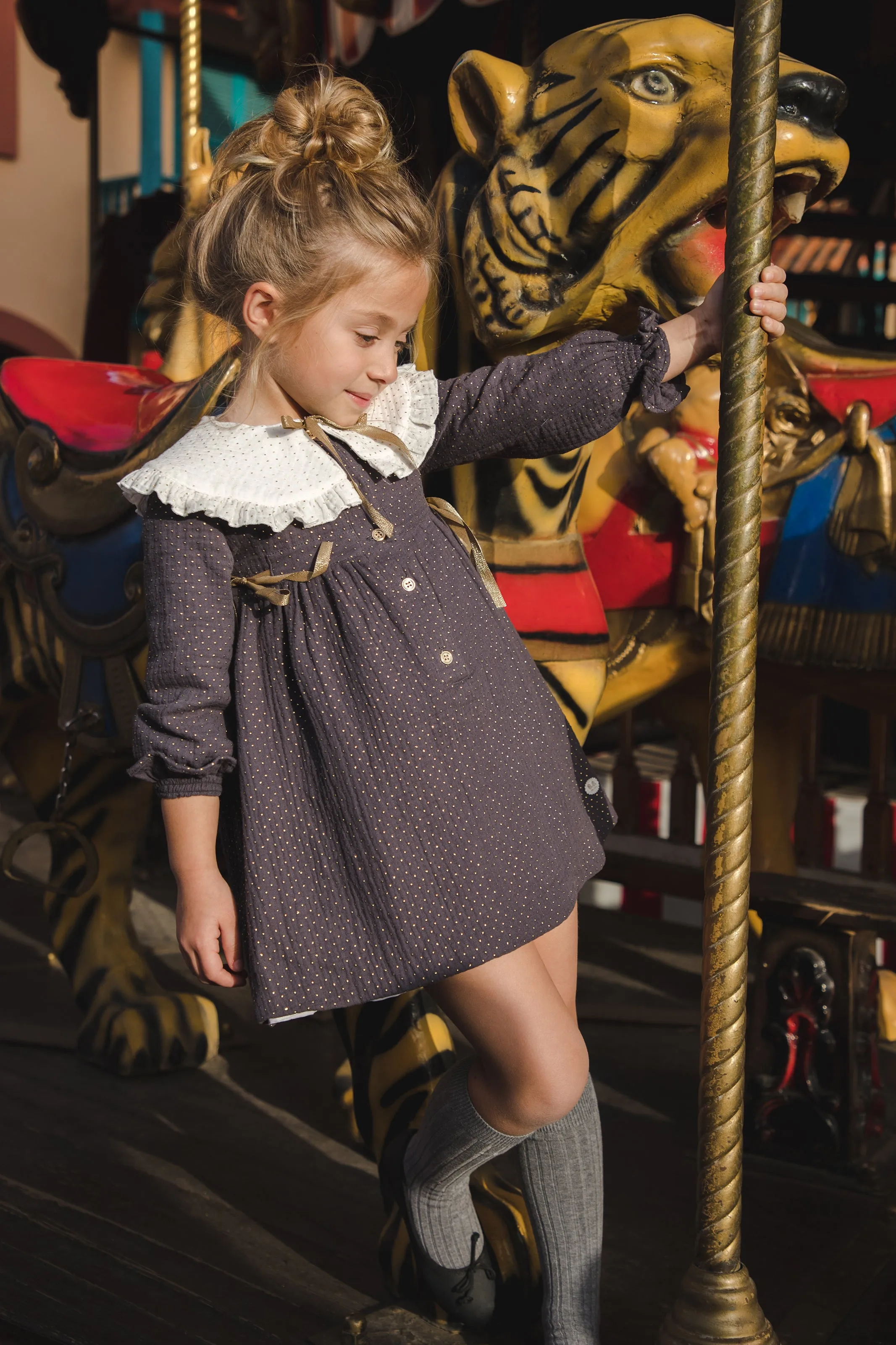 "Aisha" Charcoal & Gold Polka Dot Dress