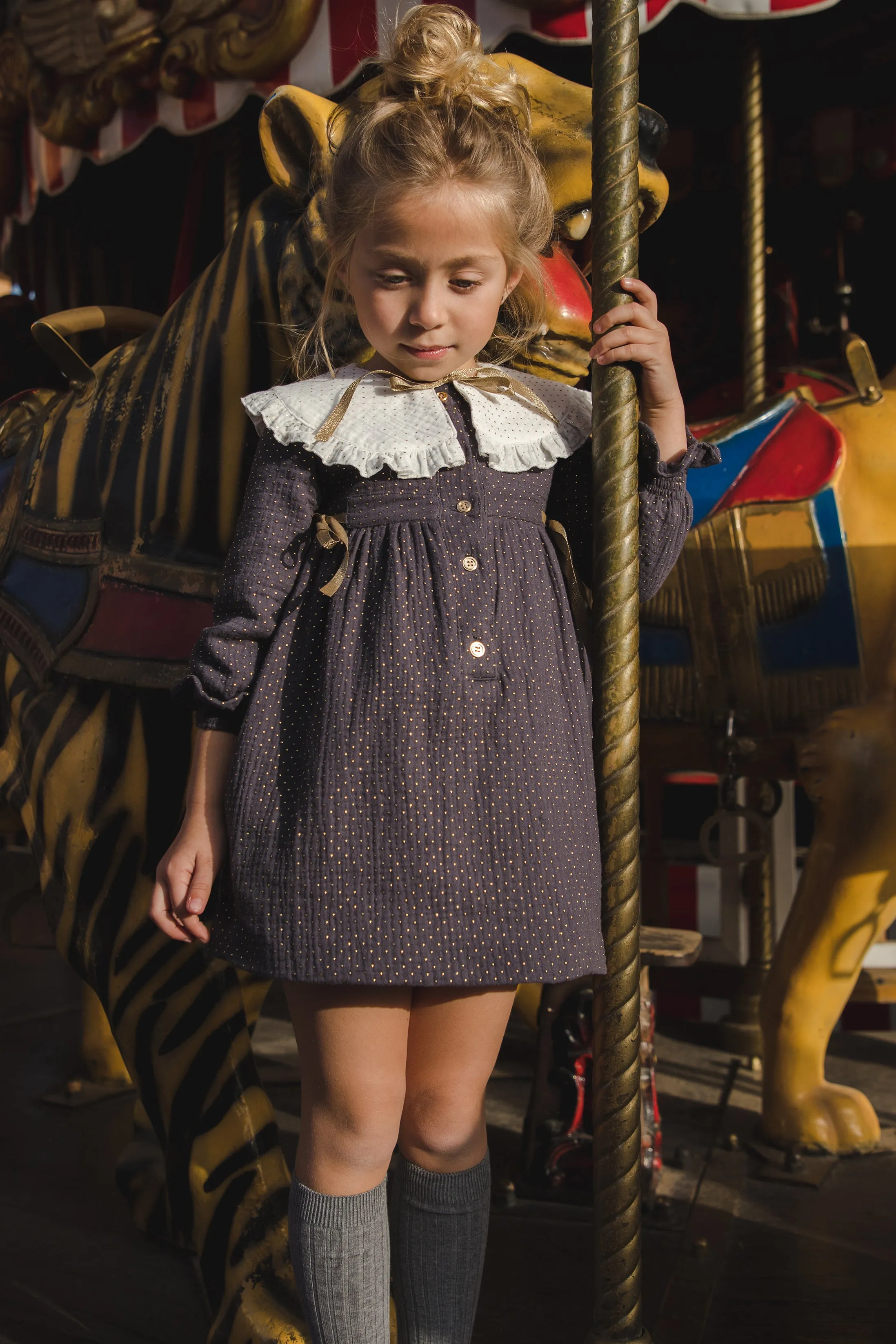 "Aisha" Charcoal & Gold Polka Dot Dress