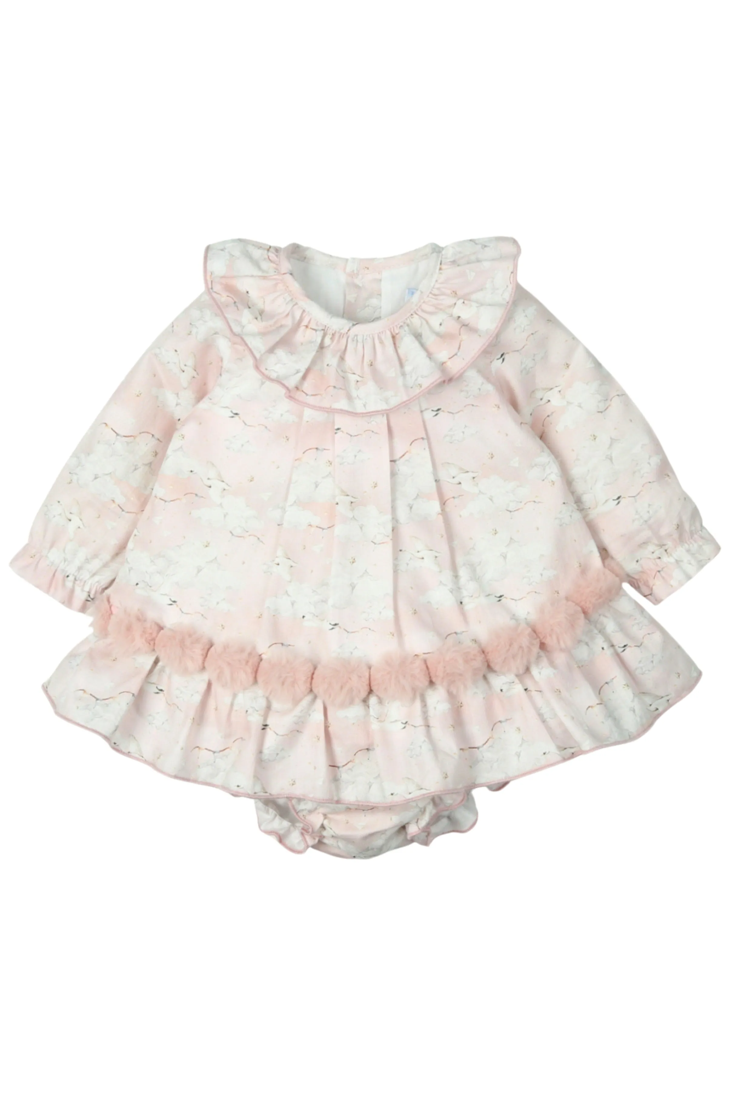 "Elspeth" Pale Pink Swan Print Dress & Bloomers
