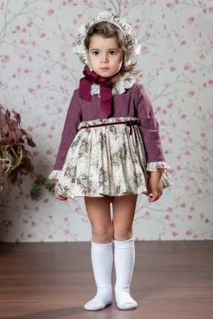 "Juliette" Burgundy Floral Dress, Bloomers & Bonnet