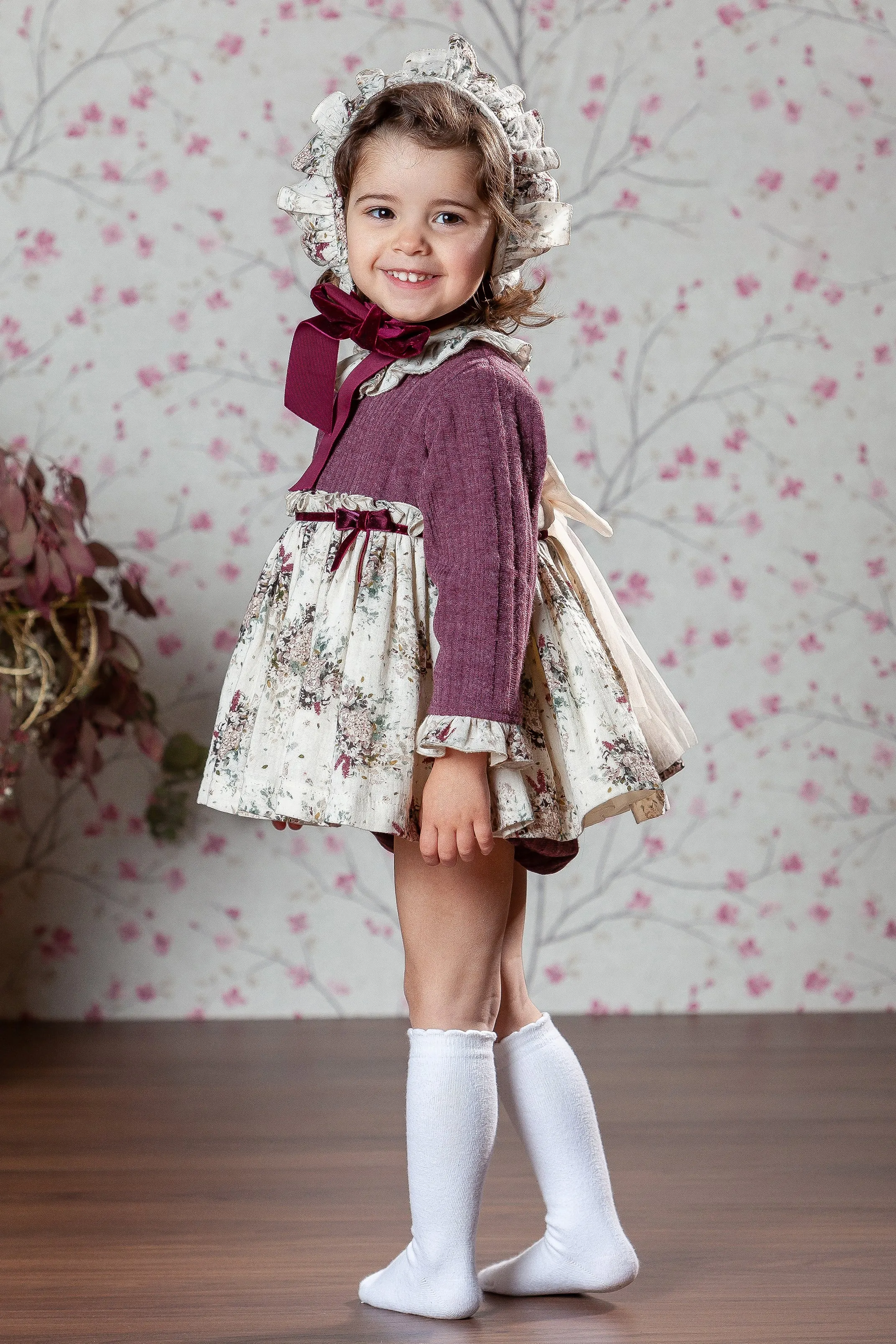 "Juliette" Burgundy Floral Dress, Bloomers & Bonnet