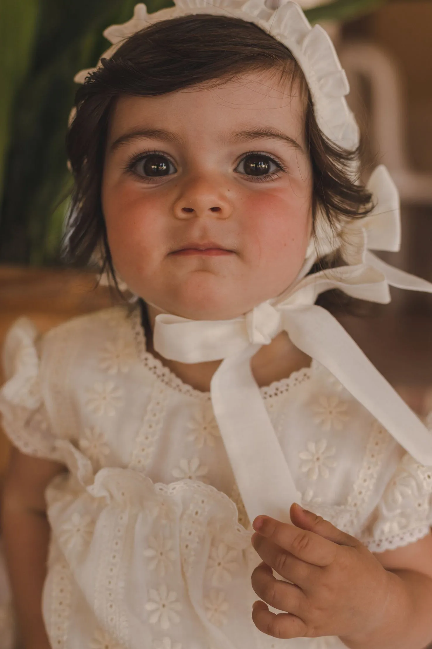 "Maeve" Cream Lace Dress, Bloomers & Bonnet