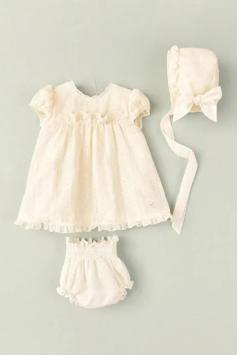 "Maeve" Cream Lace Dress, Bloomers & Bonnet