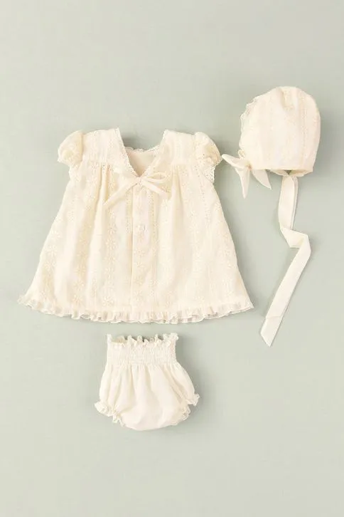 "Maeve" Cream Lace Dress, Bloomers & Bonnet