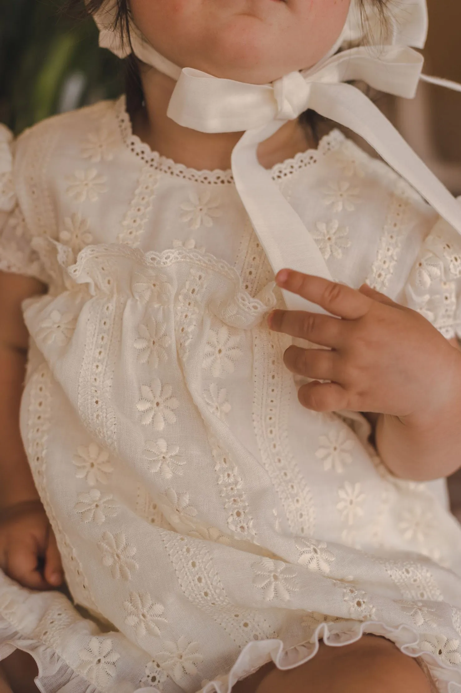"Maeve" Cream Lace Dress, Bloomers & Bonnet