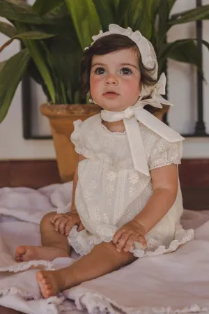 "Maeve" Cream Lace Dress, Bloomers & Bonnet