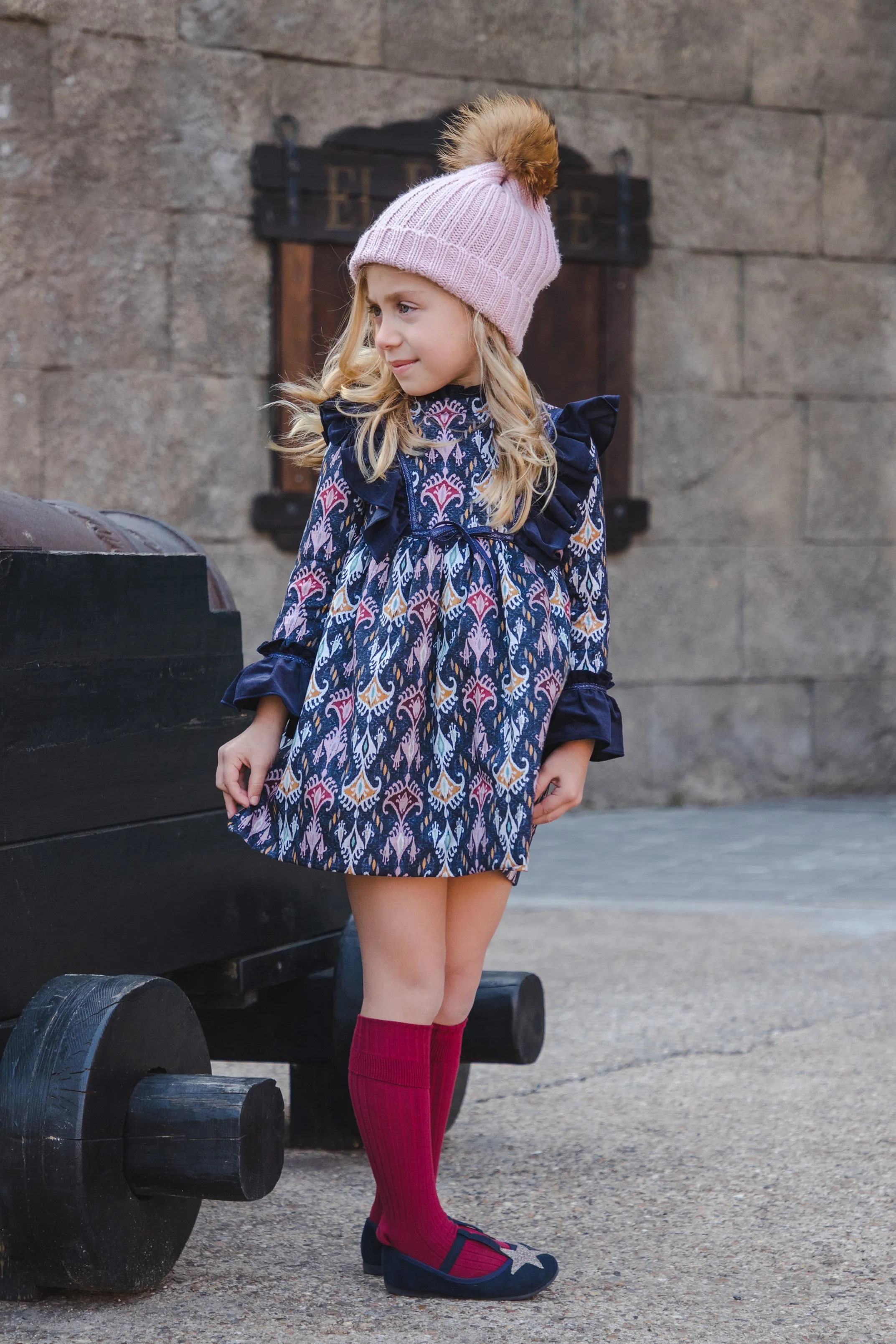 "Maeve" Navy Jacquard Print Dress