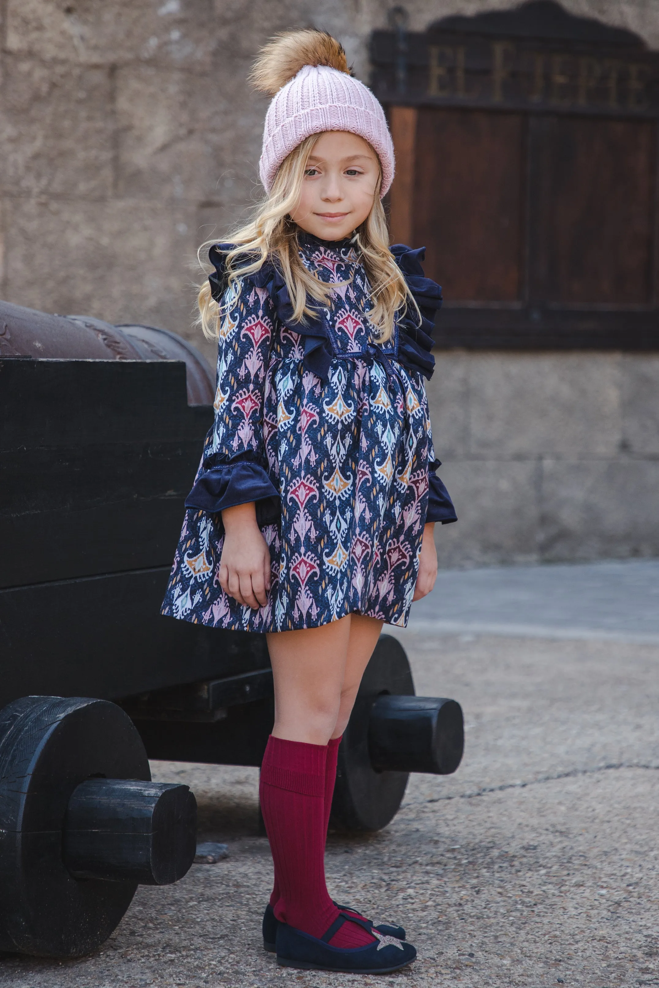 "Maeve" Navy Jacquard Print Dress