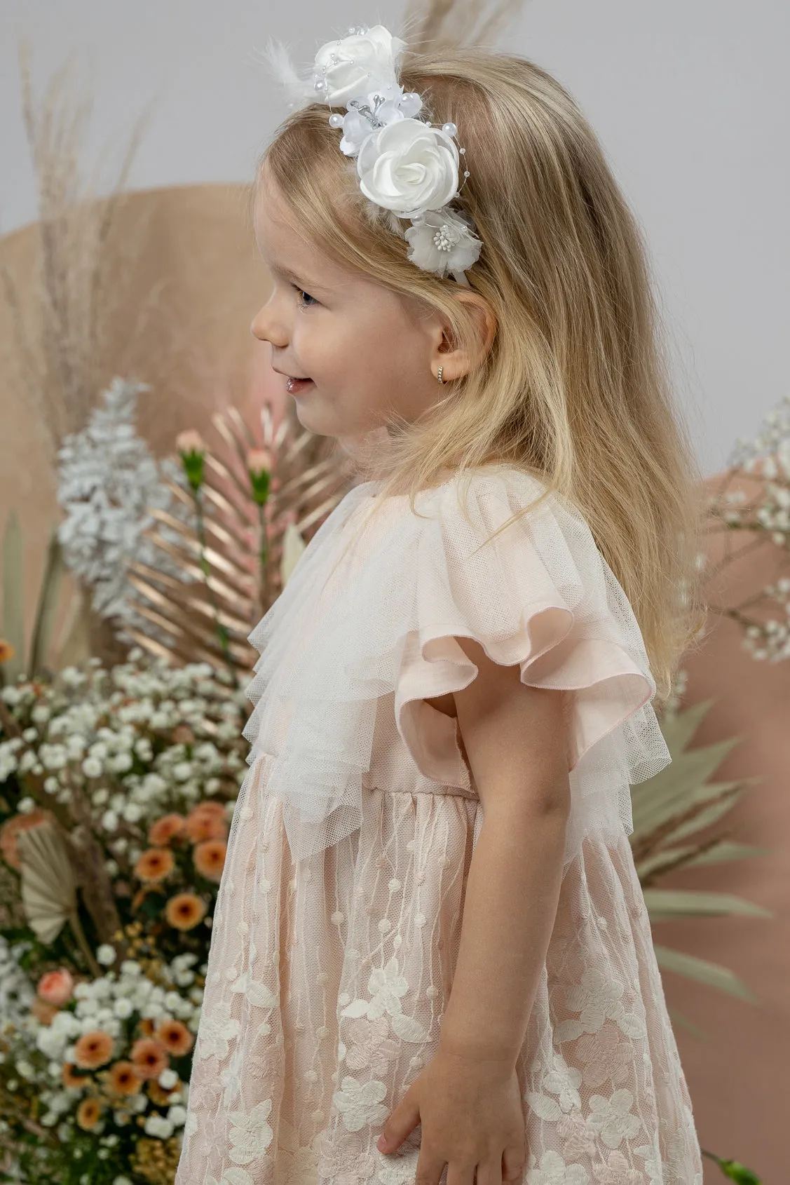 "Marianne" Apricot Embroidered Floral Tulle Dress