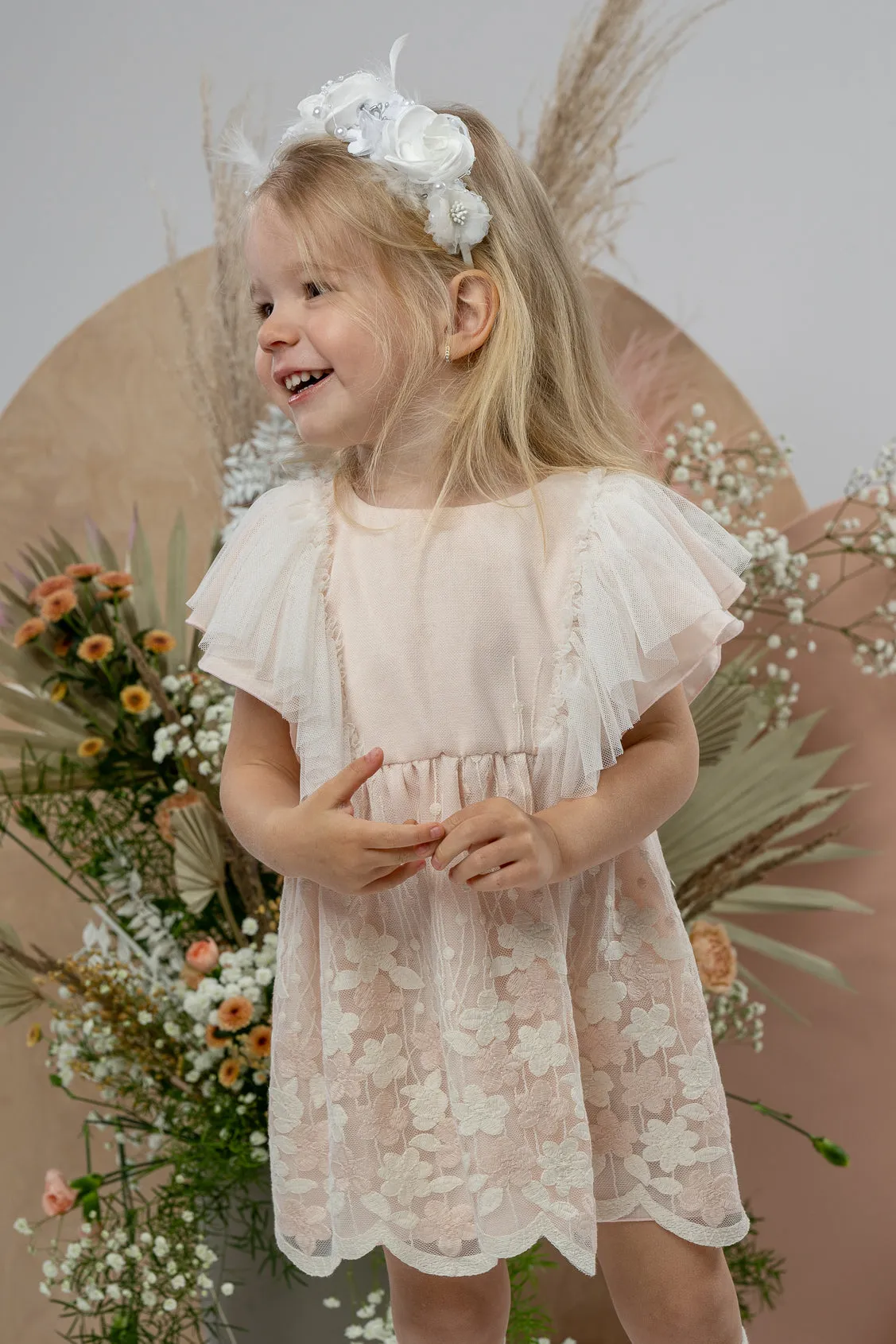 "Marianne" Apricot Embroidered Floral Tulle Dress