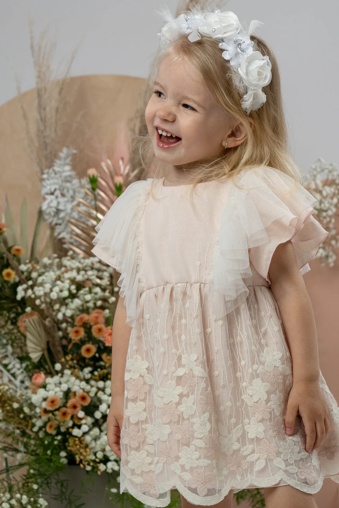 "Marianne" Apricot Embroidered Floral Tulle Dress