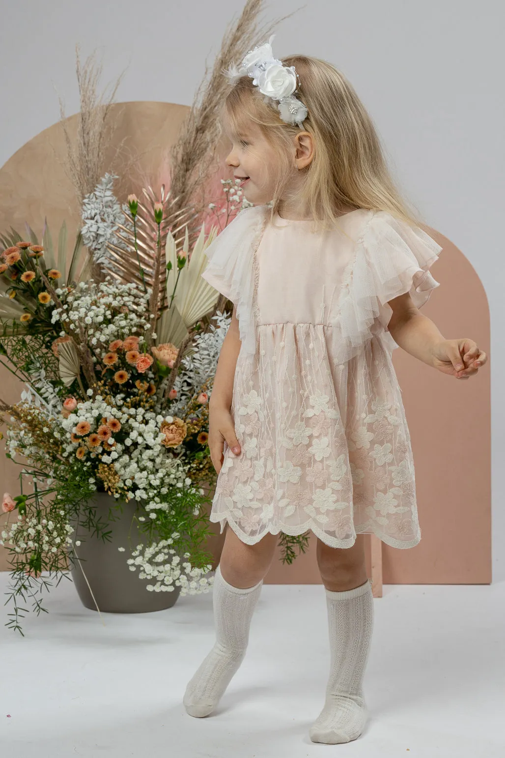 "Marianne" Apricot Embroidered Floral Tulle Dress