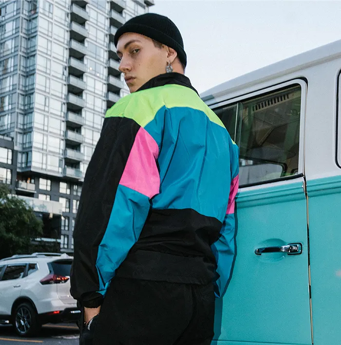 "OXAO" Veste Coupe Vent Vert Violet Rétro Streetwear - URB1™