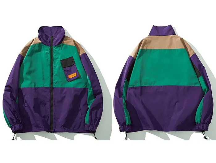 "OXAO" Veste Coupe Vent Vert Violet Rétro Streetwear - URB1™