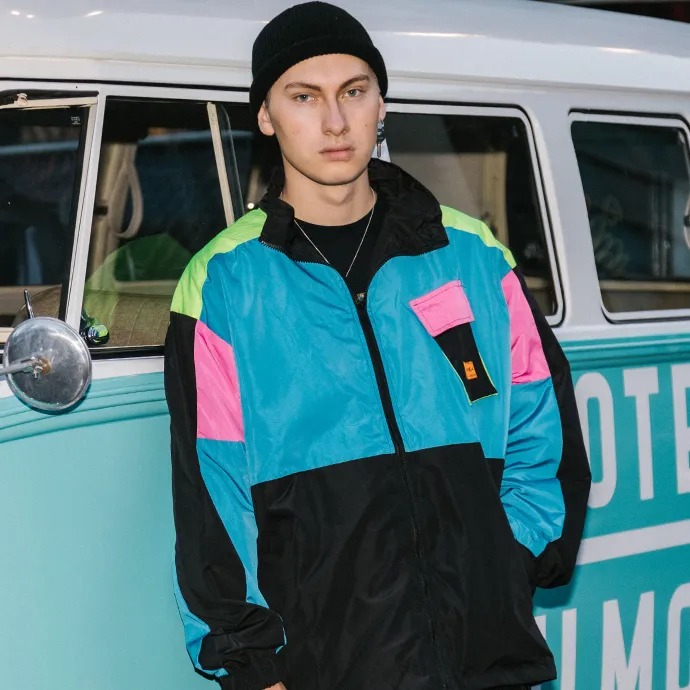 "OXAO" Veste Coupe Vent Vert Violet Rétro Streetwear - URB1™