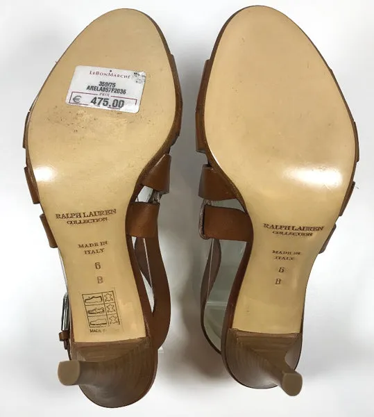 RALPH LAUREN Collection Brown Leather Open Toe Slingback Sandals with 3 Inch Heel