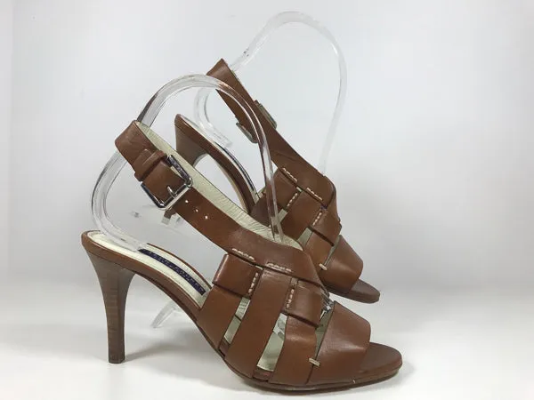 RALPH LAUREN Collection Brown Leather Open Toe Slingback Sandals with 3 Inch Heel