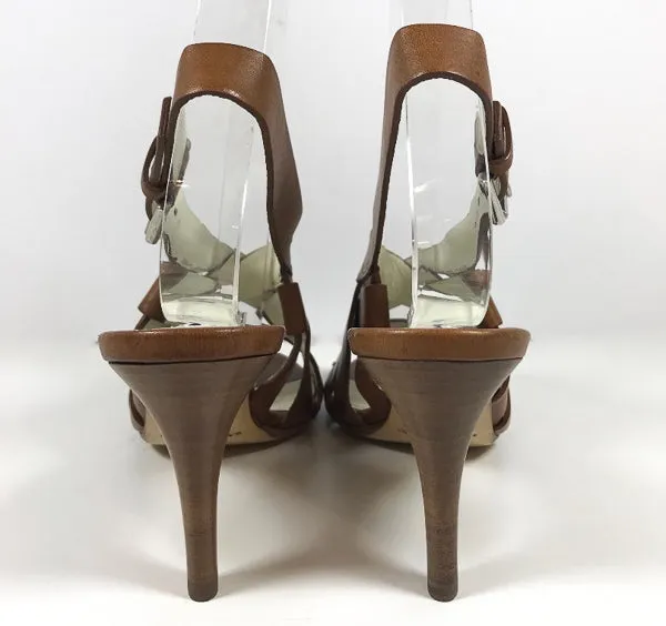 RALPH LAUREN Collection Brown Leather Open Toe Slingback Sandals with 3 Inch Heel