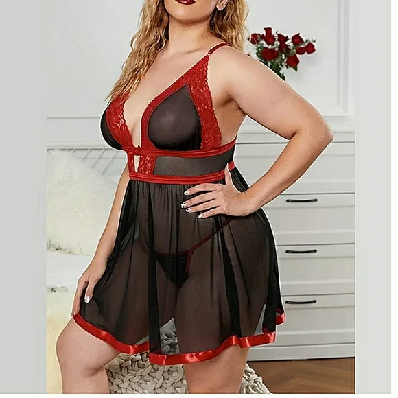 Red &amp; Black Plus Size Lingerie Dress Women Sleepwear Naughty Outfit