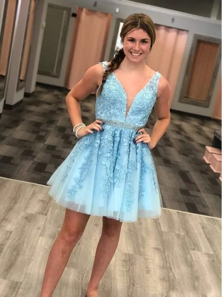 Red Lace Applique Beaded Homecoming Dresses V Neck Tulle Short Prom Dress HD0066