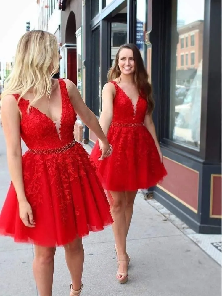 Red Lace Applique Beaded Homecoming Dresses V Neck Tulle Short Prom Dress HD0066