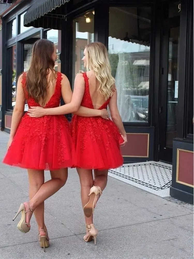Red Lace Applique Beaded Homecoming Dresses V Neck Tulle Short Prom Dress HD0066