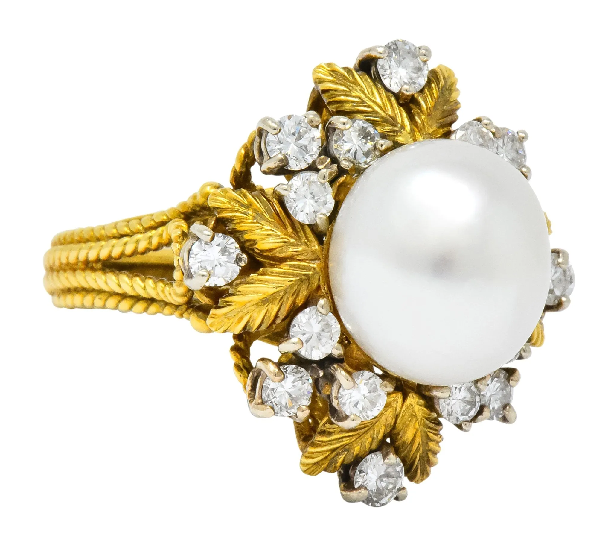 Retro 0.95 CTW Diamond South Sea Pearl 18 Karat Gold Cluster Ring