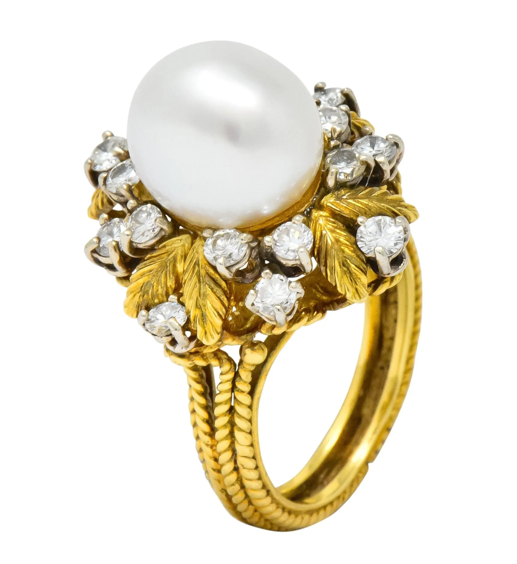 Retro 0.95 CTW Diamond South Sea Pearl 18 Karat Gold Cluster Ring