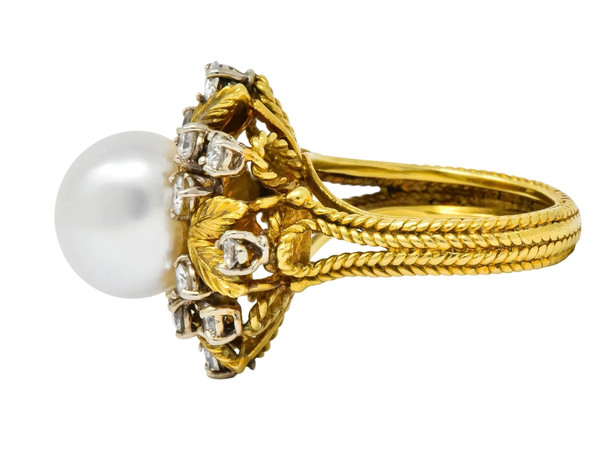 Retro 0.95 CTW Diamond South Sea Pearl 18 Karat Gold Cluster Ring