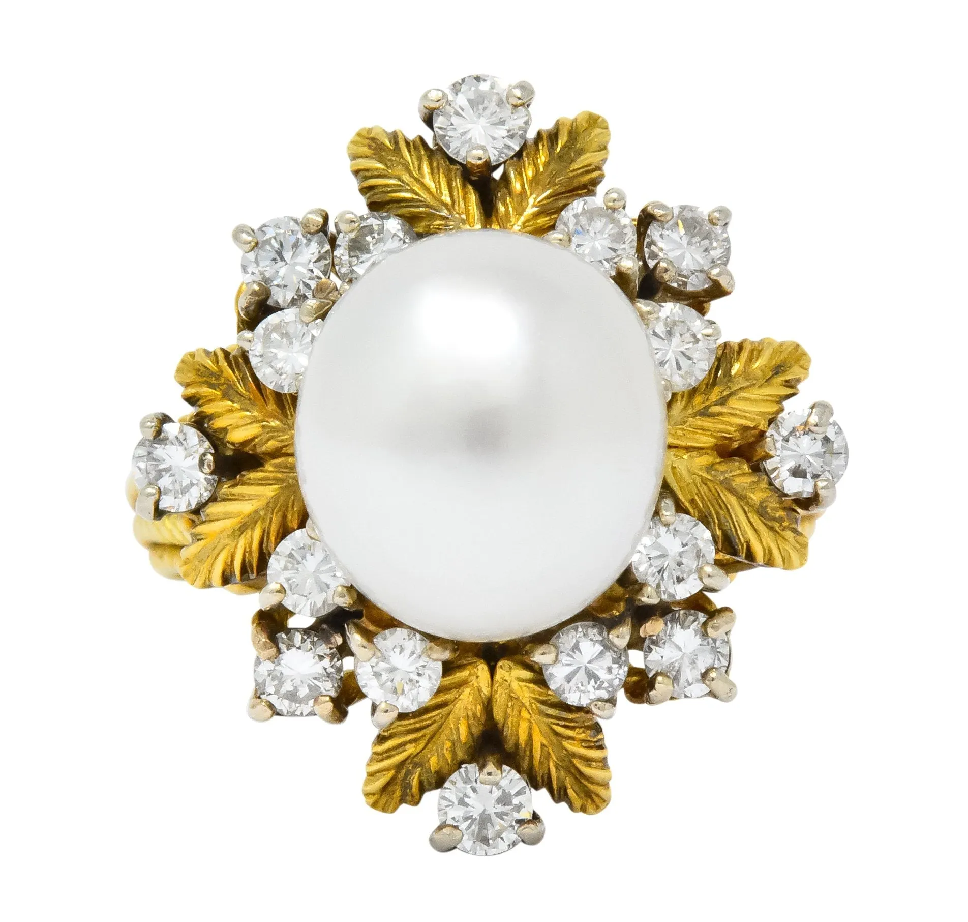Retro 0.95 CTW Diamond South Sea Pearl 18 Karat Gold Cluster Ring