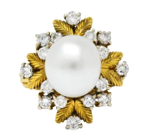 Retro 0.95 CTW Diamond South Sea Pearl 18 Karat Gold Cluster Ring