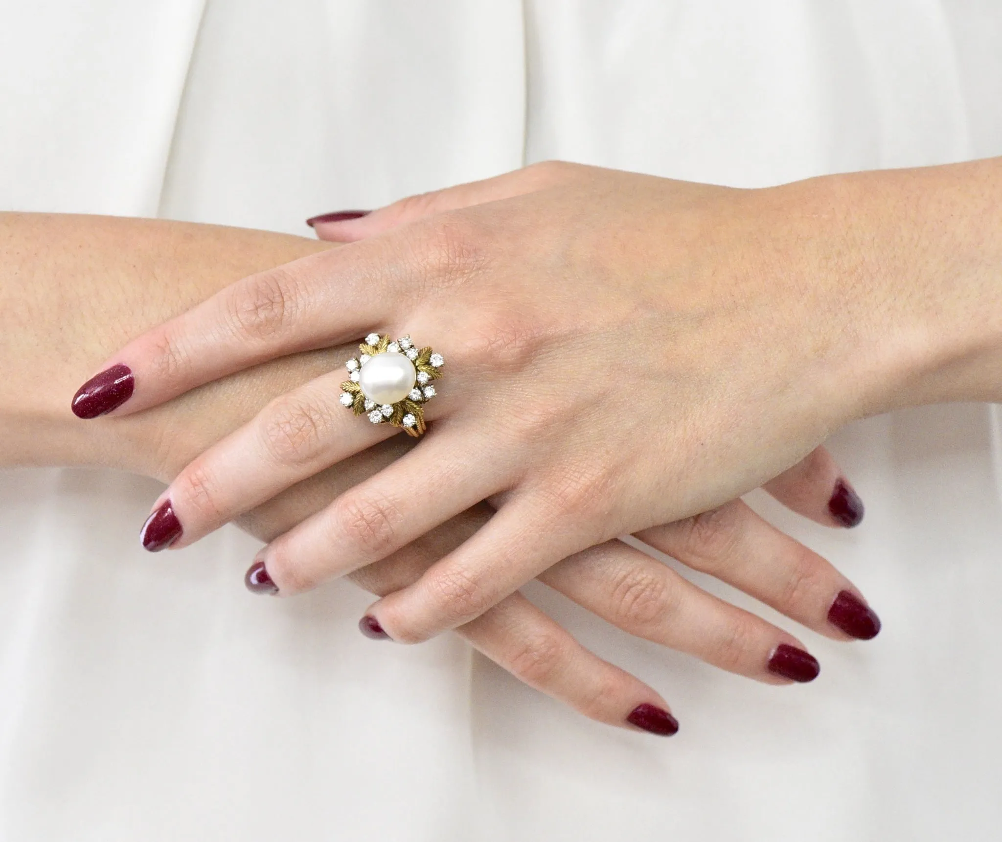 Retro 0.95 CTW Diamond South Sea Pearl 18 Karat Gold Cluster Ring