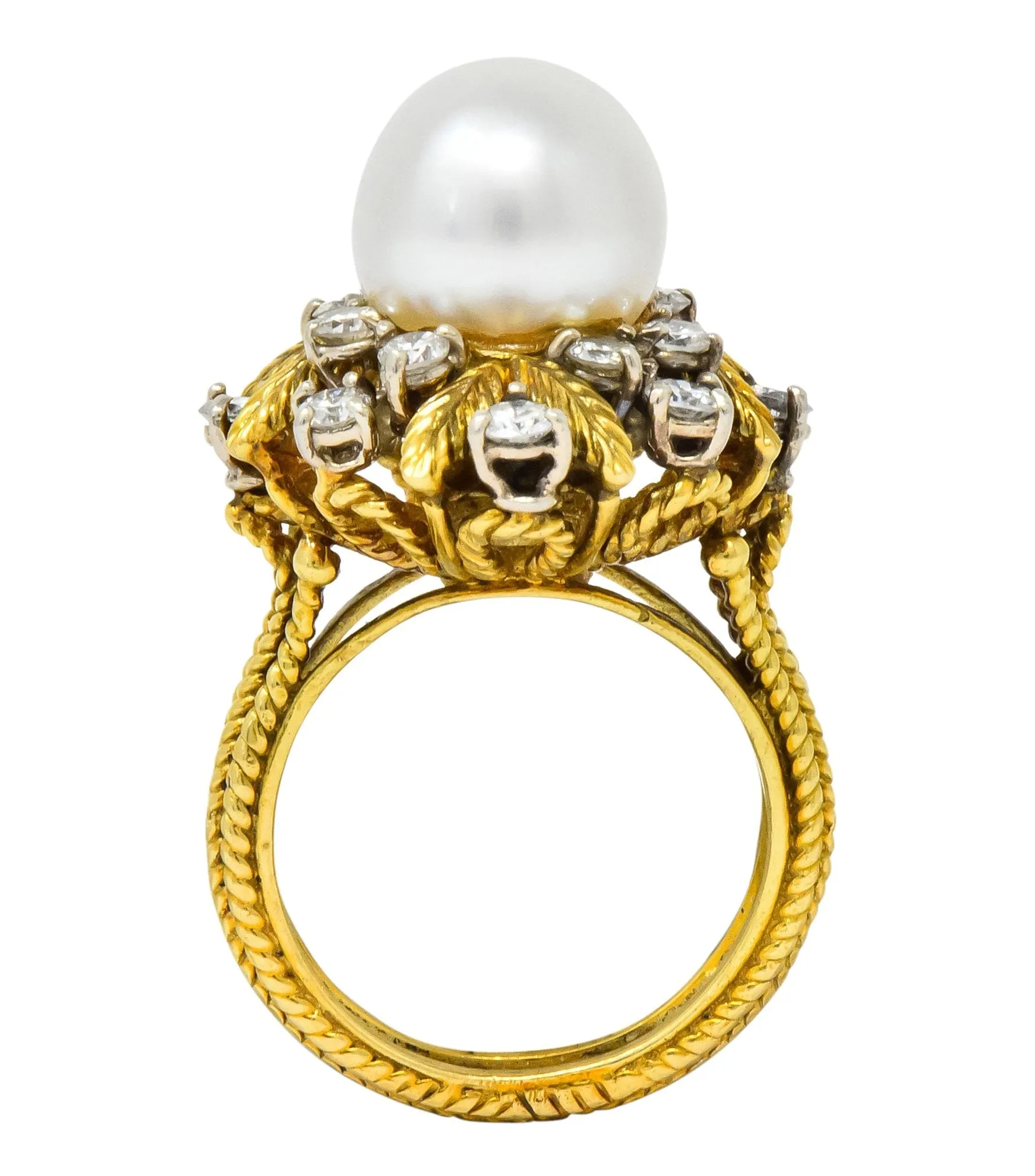 Retro 0.95 CTW Diamond South Sea Pearl 18 Karat Gold Cluster Ring